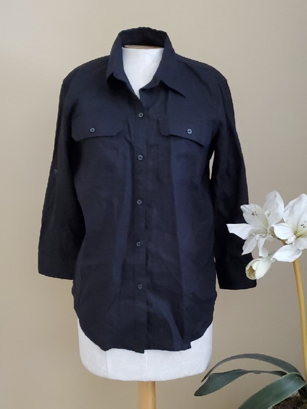 Chaps Classics 100% Linen Black Button-Up 3/4 Sleeve Top